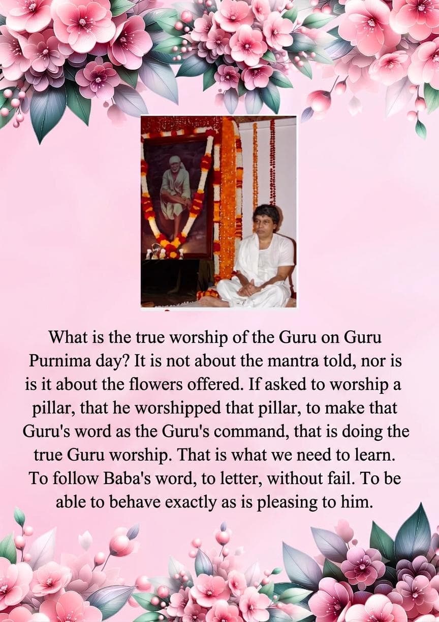 A devotee seated beside a garlanded framed photo of Sai Baba, bordered by decorative pink floral artwork, with a paragraph about the true worship of the Guru on Guru Purnima day
