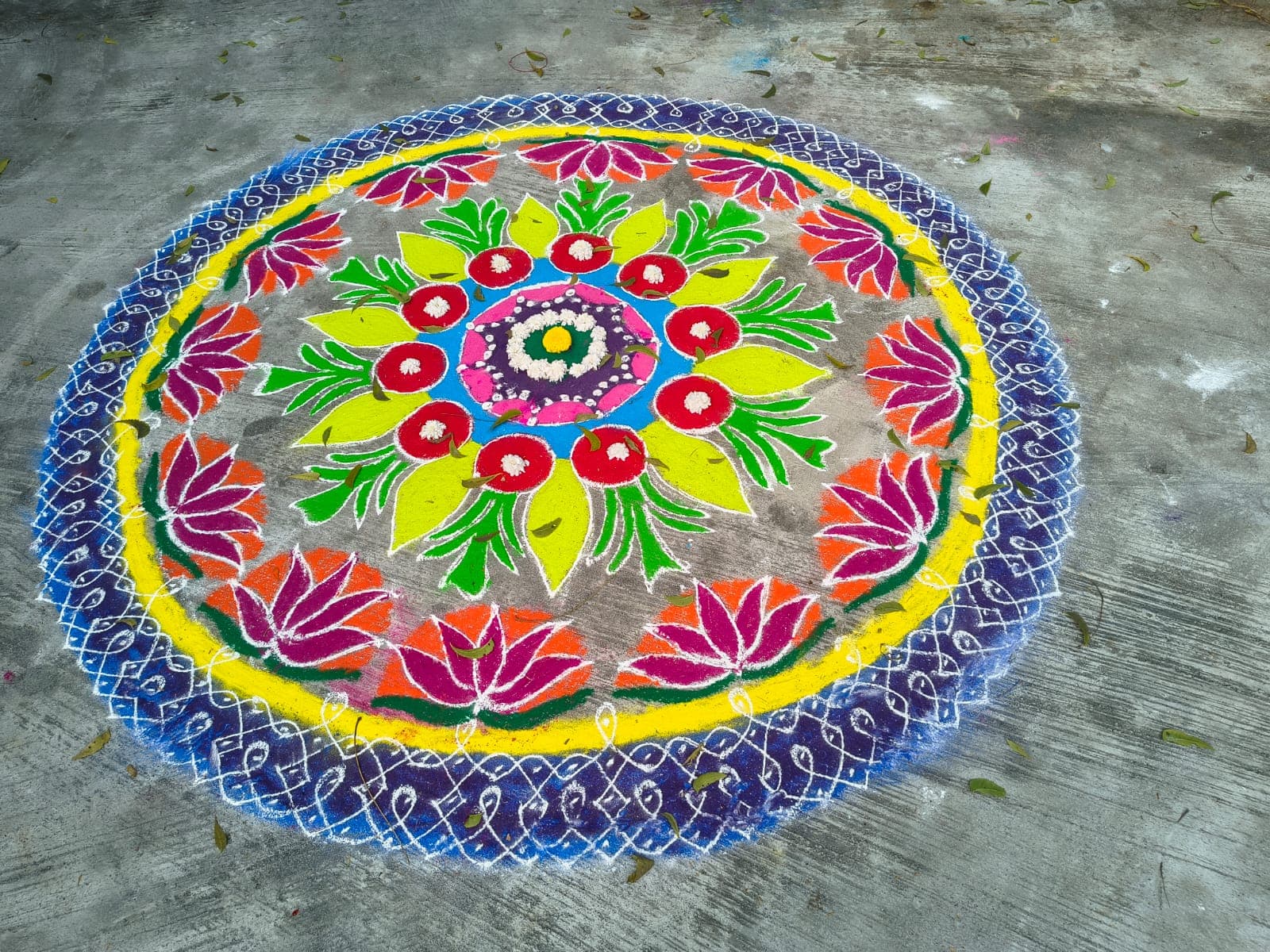 A larger rangoli mandala with a flower and leaf center, a ring of pink and orange lotus petals, and an outer border of blue lace-pattern designs
