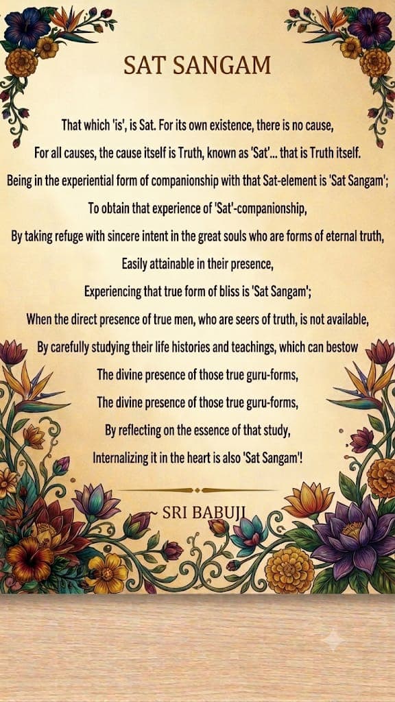 A decorative card bordered with painted flowers, titled "SAT SANGAM," with an English passage on the meaning of Sat Sangam and its attribution to Sri Babuji