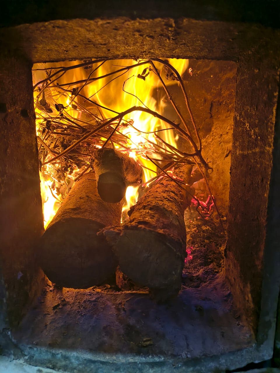 Close-up of two logs burning in the Dhuni's stone hearth