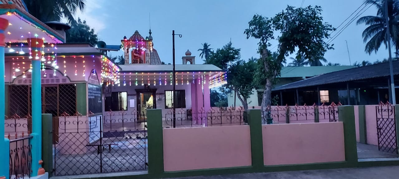 Temple exterior in evening illumination